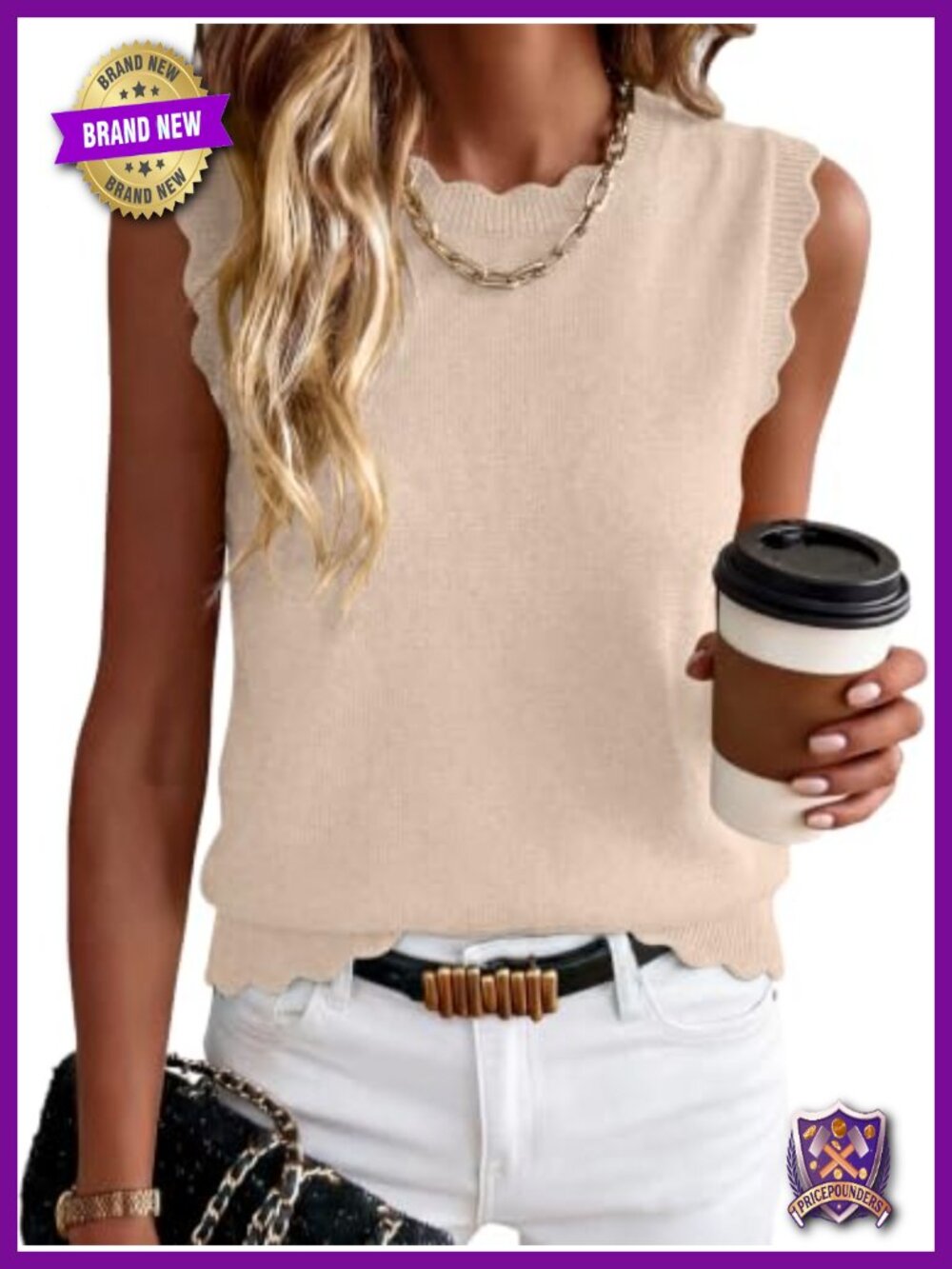 Scallop Trim Sleeveless Sweater Vest Crew Neck Knit Tank Top